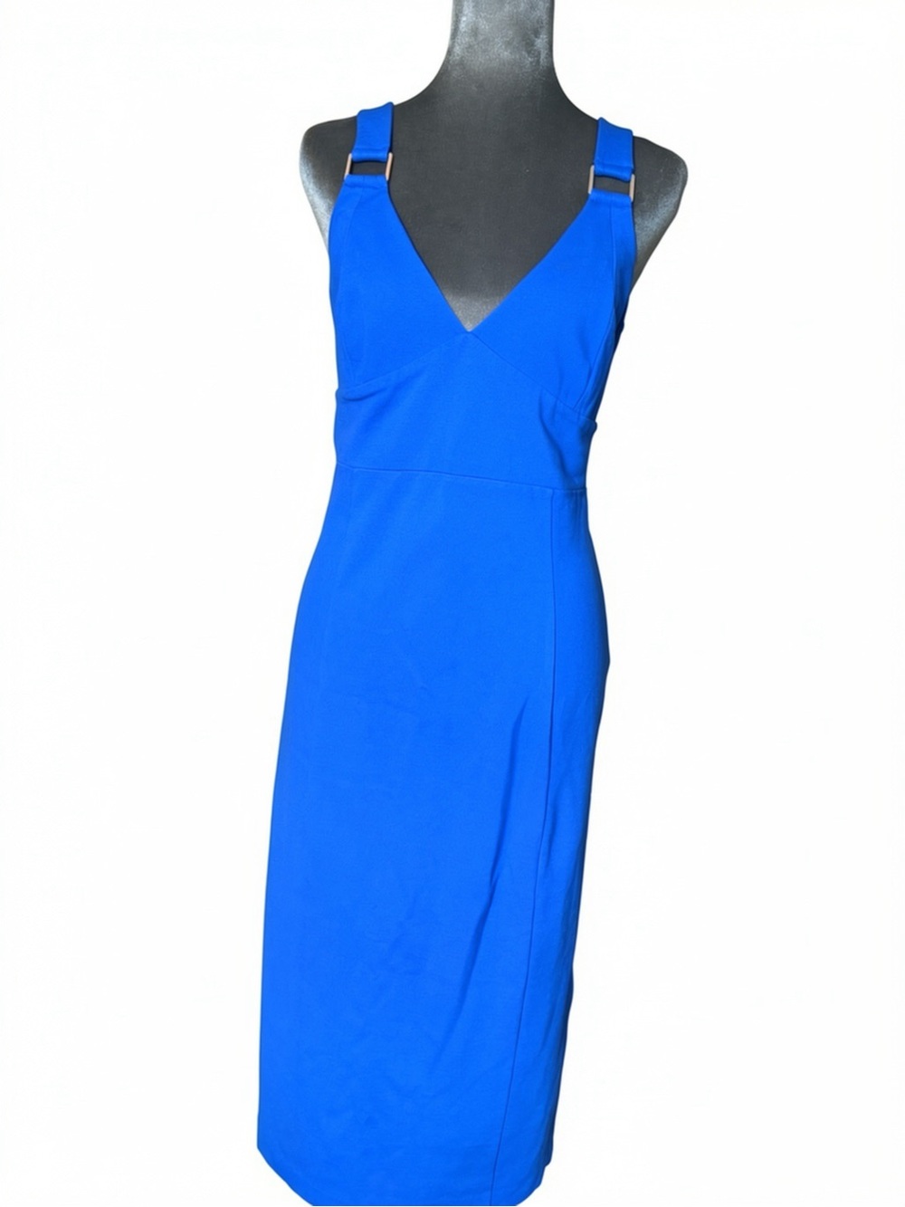 Michael Kors Royal Blue V-Neck Midi Sheath Dress Hardware Straps NWOT - size 12